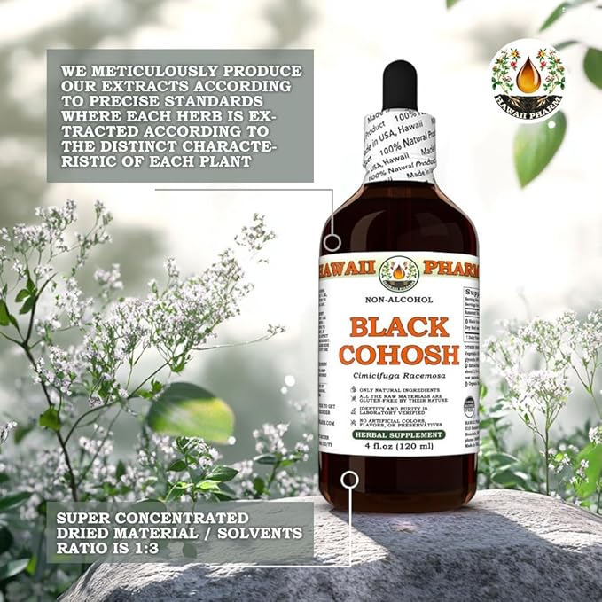 Black Cohosh (Cimicifuga Racemosa) Dry Root Glycerite, Made in Hawaii, Raw Materials, All Natural, Vegan, Lab Tested Alcohol-Free Liquid Extract - 4 fl.oz