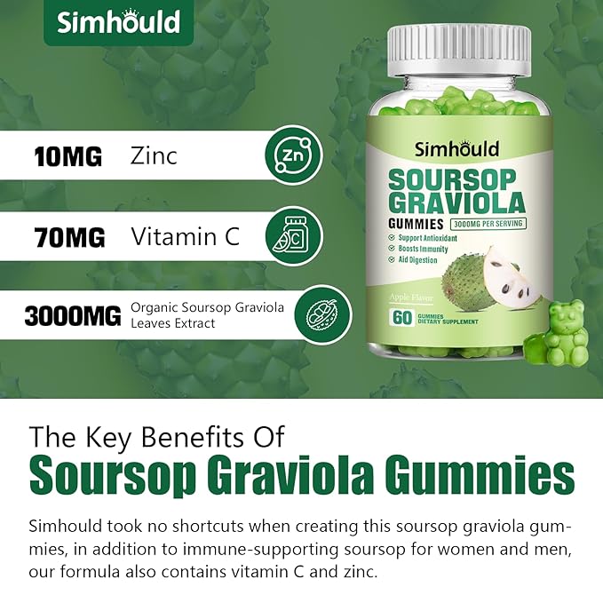 Simhould 2 Pack Soursop Graviola Gummies - 3000mg Extra Strength Soursop Leaves Supplement with Vitamin C, Zinc - Digestive Aid, Immune Support & Antioxidant - Sugar-Free, Non-GMO, Vegan, 120 Counts