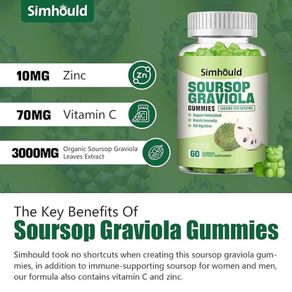 Simhould 2 Pack Soursop Graviola Gummies - 3000mg Extra Strength Soursop Leaves Supplement with Vitamin C, Zinc - Digestive Aid, Immune Support & Antioxidant - Sugar-Free, Non-GMO, Vegan, 120 Counts