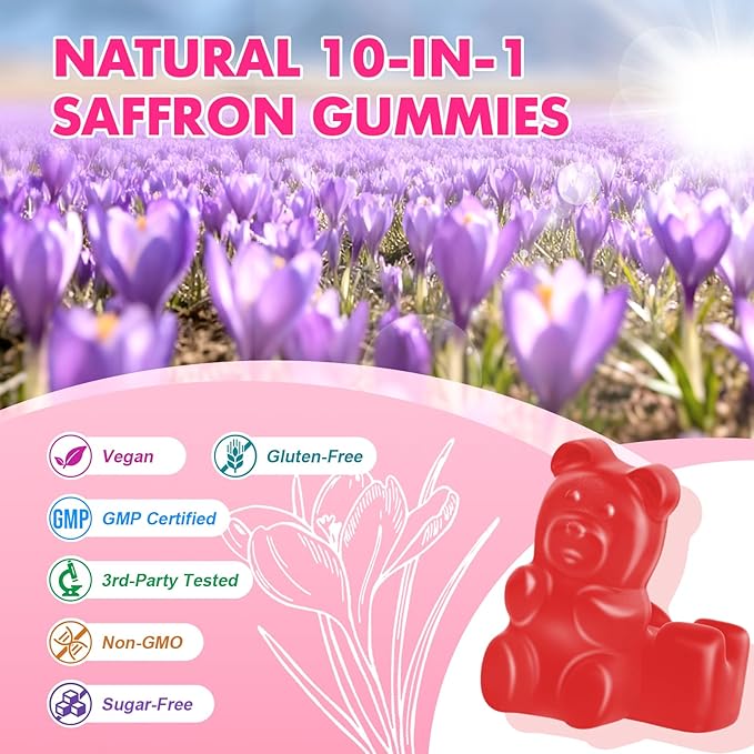 Saffron Gummies for Adult Kids - with Saffron 88.5mg, Vitamins D3 & B6, Magnesium, Zinc, Ashwagandha, L - Theanine, St. John's Wort - Supports Mood & Focus, Strawberry Flavor, 60 Count
