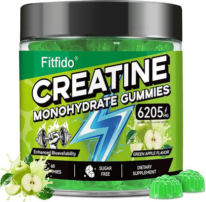 Creatine Monohydrate Gummies for Men & Women - 6205mg per Serving, Containing L-carnitine & Taurine, Post Workout Muscle Recovery, Strength & Energy Boost, Sugar Free & Vegan (60, Green Apple)
