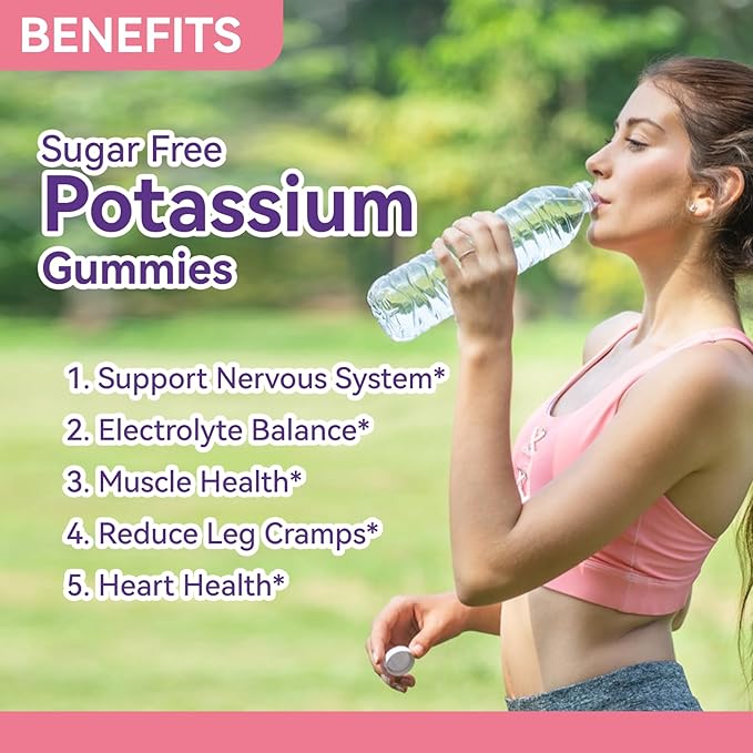Potassium Gummies, Potassium Chloride 1000mg for Adults, Chewable Potassium Supplement for Women & Men, Support Leg Cramps & Muscle Health - Sugar Free, Vegan,60 Count