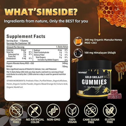 Shilajit Gummies l Manuka Honey | Himalayan shilajit |No Added Sugar I Ashwagandha, Gokshura| Fulvic Acid & 85+ Trace Minerals I for Men, Women I Non-GMO I 100% Natural & Organic I 30 Gummy