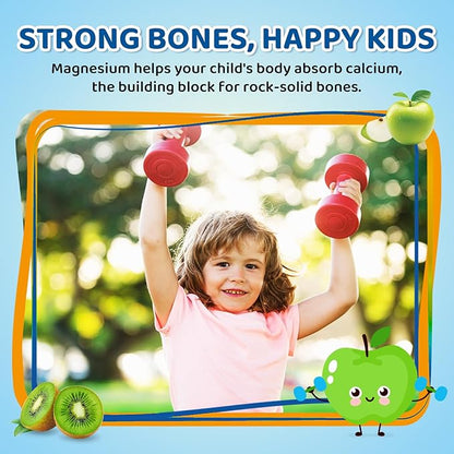 Center-Filled Magnesium Gummies for Kids 300MG - Magnesium Glycinate Gummies with L-theanine, Omega-3, Vitamin B6, D for Kids & Adults, Supplement for Sleep, Calm & Muscle Relaxation - Apple & Kiwi