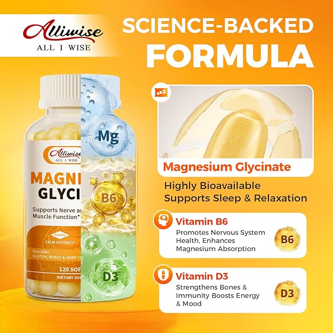 Magnesium Glycinate 400mg Softgels with Vitamin D3 & B6,Small Easy to Swallow Gel Caps,High Absorption, Gentle on Stomach,Supports Sleep, Muscle & Calm,Bone Health,120 Softgels