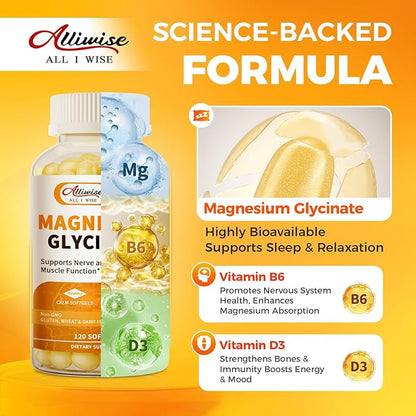 Magnesium Glycinate 400mg Softgels with Vitamin D3 & B6,Small Easy to Swallow Gel Caps,High Absorption, Gentle on Stomach,Supports Sleep, Muscle & Calm,Bone Health,120 Softgels