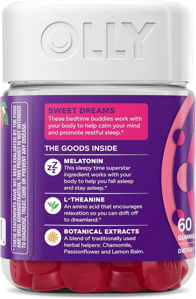 OLLY Sleep Gummy, 3 mg Melatonin, L-Theanine, Chamomile, Lemon Balm, Sleep Aid, Strawberry, 60 Count