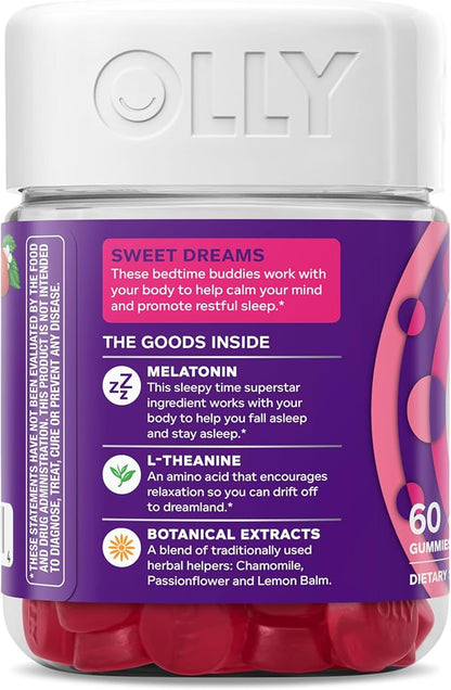 OLLY Sleep Gummy, 3 mg Melatonin, L-Theanine, Chamomile, Lemon Balm, Sleep Aid, Strawberry, 60 Count