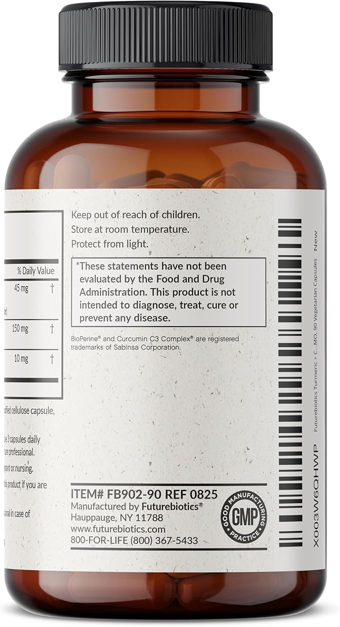Futurebiotics Turmeric + Curcumin, Antioxidant, Joint & Digestion Support with BioPerine for Enhanced Nutrient Absorption, Non-GMO, 180 Vegetarian Capsules