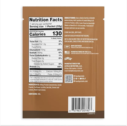 Levels Grass Fed Whey Protein Powder, No Artificials, 24G of Protein, Double Chocolate, 12 Count