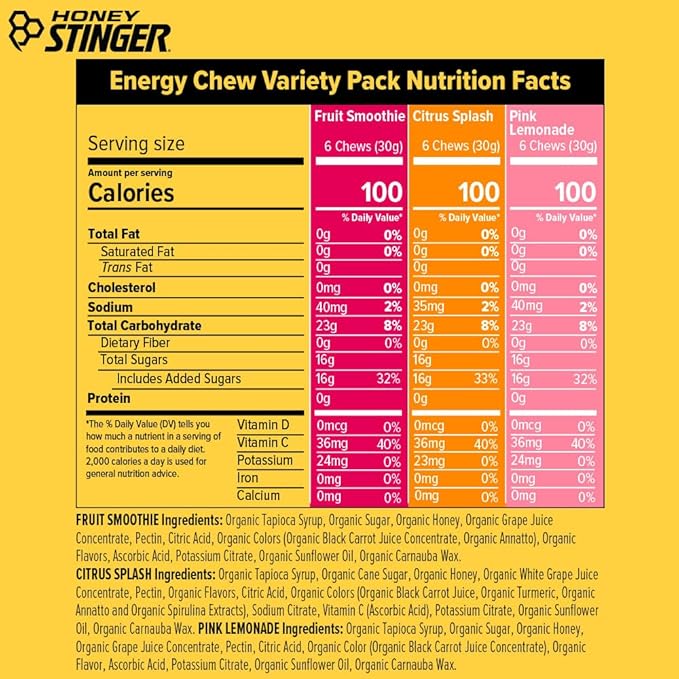 Honey Stinger Organic Energy Chew Variety Pack of 12, 4 Pack Each of Fruit Smoothie, Citrus Splash and Pink Lemonade, Gluten Free & Caffeine Free, Energy Chews for Exercise, Endurance and Performance