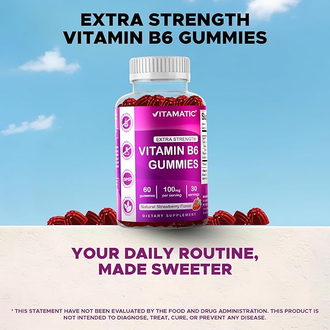 Vitamatic 2 Packs Vitamin B6 100mg Gummies – Natural Strawberry Flavor – 60 Pectin-Based Gummies per Bottle – Nervous System & Energy Support