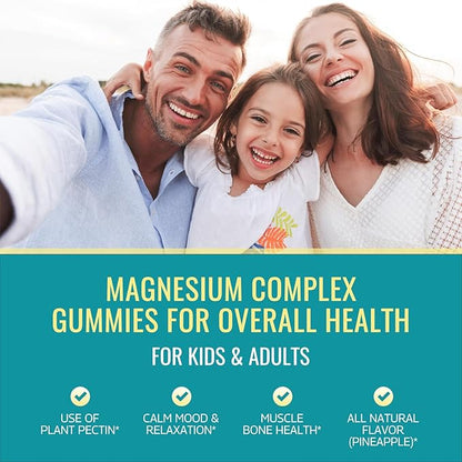 Magnesium Complex Gummies- Calm Chewable Gummies for Kids & Adults- Magnesium Glycinate, Taurate, Citrate, Malate, Supplement-Support Calm Stress Relief, Bone, Muscle, Mood Vegan, 120ct