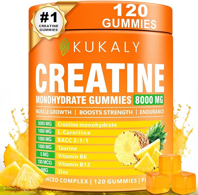 KUKALY Creatine Monohydrate Gummies for Men & Women, 8500MG Creatine Gummies Sugar Free Pineapple Flavored with L-Taurine BCAA 2:1, B12 B6 for Boost Strength, Focus & Endurance, Vegan, Non-GMO 120pcs