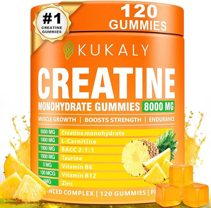 KUKALY Creatine Monohydrate Gummies for Men & Women, 8500MG Creatine Gummies Sugar Free Pineapple Flavored with L-Taurine BCAA 2:1, B12 B6 for Boost Strength, Focus & Endurance, Vegan, Non-GMO 120pcs
