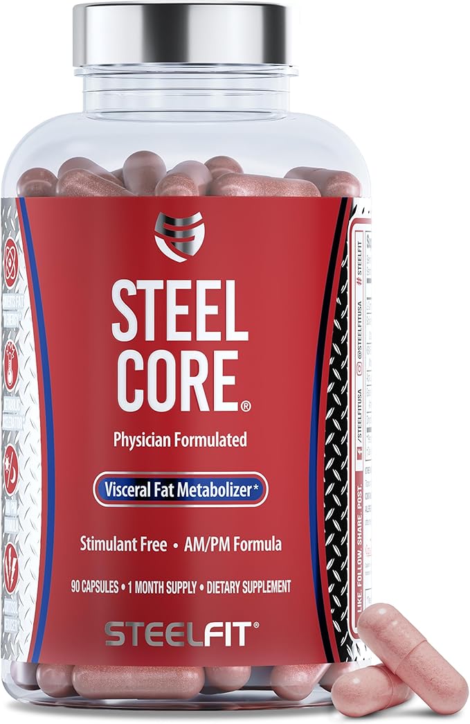 SteelFit Steel Core, Stimulant-Free Fat Burner & Weight Loss Pills Supplement - Cortisol, Belly Fat, Metabolism Booster for Men & Women - L-Carnitine, Morosil, Ashwagandha, Alpha Lipoic Acid - 90ct