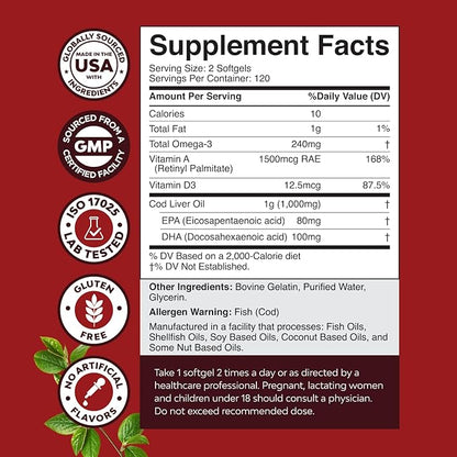 Icelandic Wild Caught Cod Liver Oil Softgels - Fish Omega 3, EPA, DHA, Vitamin D & A, 1000mg Per Serving - Burpless Capsules for Healthy Heart, Healthy Joints, Brain & Immune Support - 240 Count