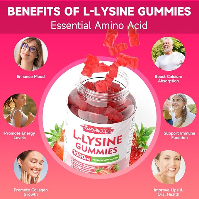 L-Lysine 1000mg Gummies, Lysine Supplement for Adults & Kids, Essential Amino Acid Supplement for Oral & Lips Health, Boost Immune & Calcium & Collagen, Sugar-Free, Strawberry Flavor, 60 Count