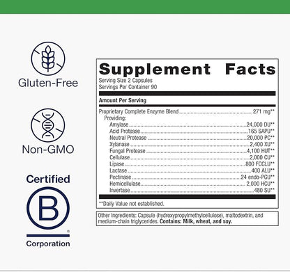 Metagenics SpectraZyme Enzyme Complex - Plant-Based Digestive Enzymes for Protein, Fat & Carbohydrate Breakdown - Supports Indigestion, Bloating & Colon Health* - Gluten-Free, Vegan - 180 Capsules