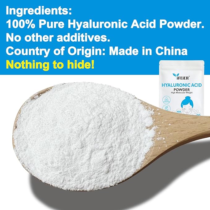 iFEiER Hyaluronic Acid Powder | High Molecular Weight Hyaluronic Acid Serum Powder | 1oz(28.3g) Cosmetics Grade | Sodium Hyaluronate | LMW HMW HA ingredient to make gel for DIY Serums