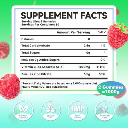 MEENCCD Organic Vitamin C Gummies for Adults, Chewable Vitamin C Gummies with Zinc for Antioxidant Support, Vegan, Non-GMO, Sugar-Free, Raspberry Flavor, 60 Count