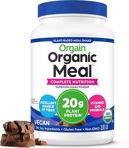 Orgain Organic Vegan Meal Replacement Protein Powder, Creamy Chocolate Fudge - 20g Plant Based Protein, Gluten Free, Dairy Free, Lactose Free, Soy Free, No Sugar Added, For Smoothies & Shakes - 2.03lb