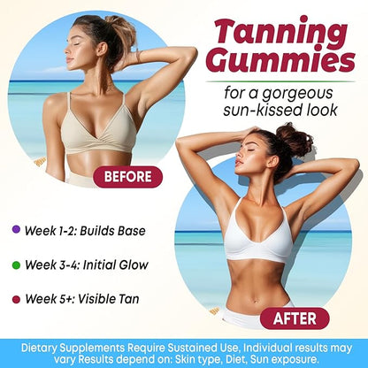 Tanning Gummies for Women, Supports Radiant Tan & Healthy Skin, Extra Strength with Astaxanthin Lycopene Beta Carotene and Vitamins - Supports Faster Tanning, Strawberry Flavored, 120 Count