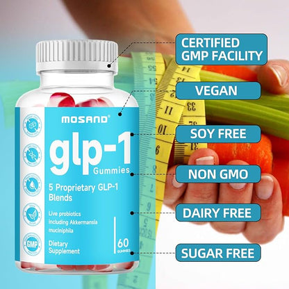 GLP-1 Probiotic Gummies, GLP-1 Supplement with Akkermansia Probiotic, Berberine, No Sugar Added for Gut & Digestion Health,Strawberry Flavor-60 Gummies