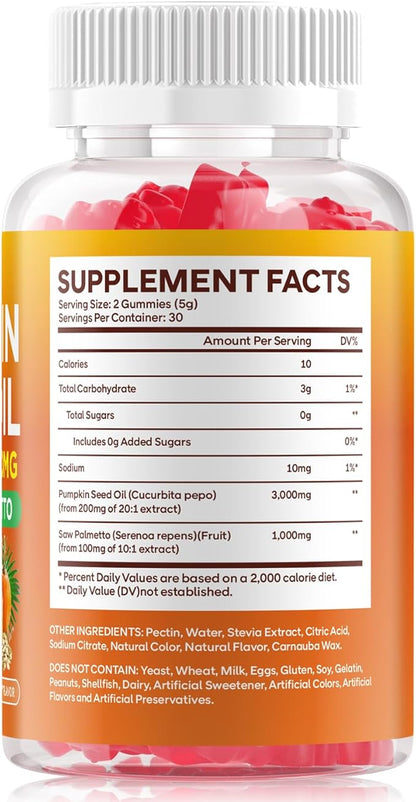 Pumpkin Seed Oil Gummies with Saw Palmetto, 3000mg Per Serving Pumpkin Seed Oil Supplement for Hair Growth, Skin Health, High Pure Extract for Women & Men, Vegan, Raspberry Flavor, 60 Count
