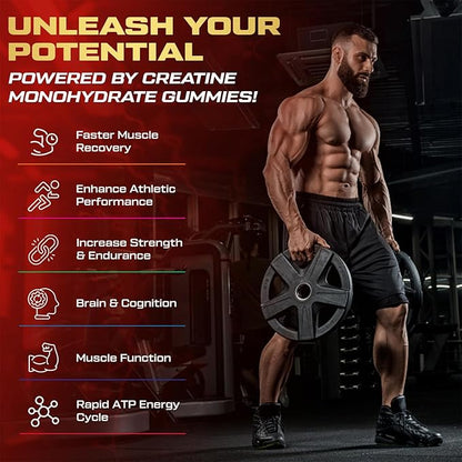 kukaly Creatine Monohydrate Gummies for Men & Women, Creatine Gummies Sugar Free, Mixed Flavored with L-Taurine, BCAA 2:1, B12 B6 for Boost Strength, Focus & Endurance, Vegan, Non-GMO, 60pcs