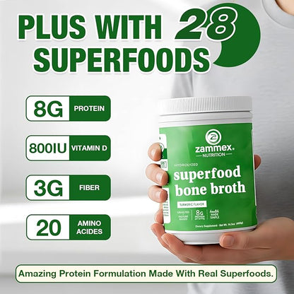 Zammex Bone Broth Plus Superfood Protein Powder (Turmeric Flavor), 8g Hydrolyzed Protein with Vitamin D, for Healthy Skin, Nails, Hair, Joints & Digestion,Non-GMO (30 Servings)
