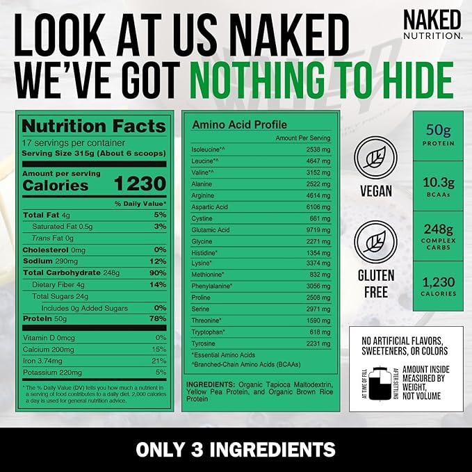 NAKED Vegan Mass - Natural Vegan Weight Gainer Protein Powder - 1,230 Calories, NSF Certified, Non-GMO, Soy & Gluten Free, No Artificial Ingredients - 12LB Bulk - 17 Servings