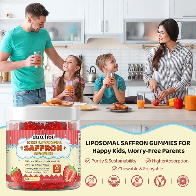 Liposomal Saffron Gummies for Kids 4+, Saffron Supplements w/Holy Basil, Rosemary, Magnesium Glycinate, Omega-3 & More, Brain Focus Support Supplement, Vegan, Organic, Sugar Free, 60 Chewables