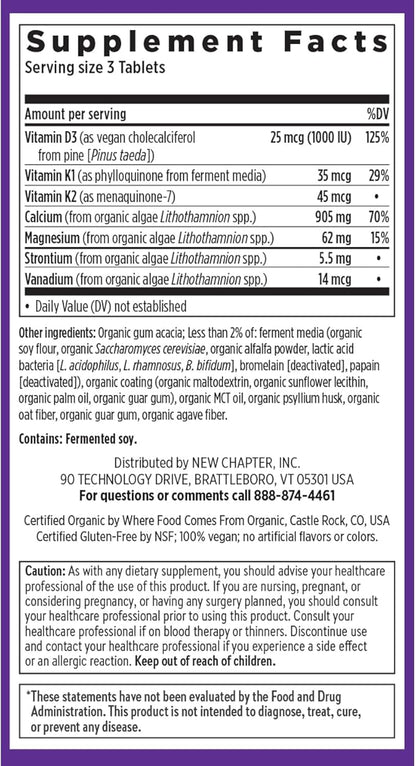 New Chapter Calcium Supplement - Bone Strength Plant-Based USDA Organic Calcium with Magnesium, Vitamin D3+K2, for Bone Health & Joint Mobility, Heart Support, 905 mg dose - 120 Slim Tablets
