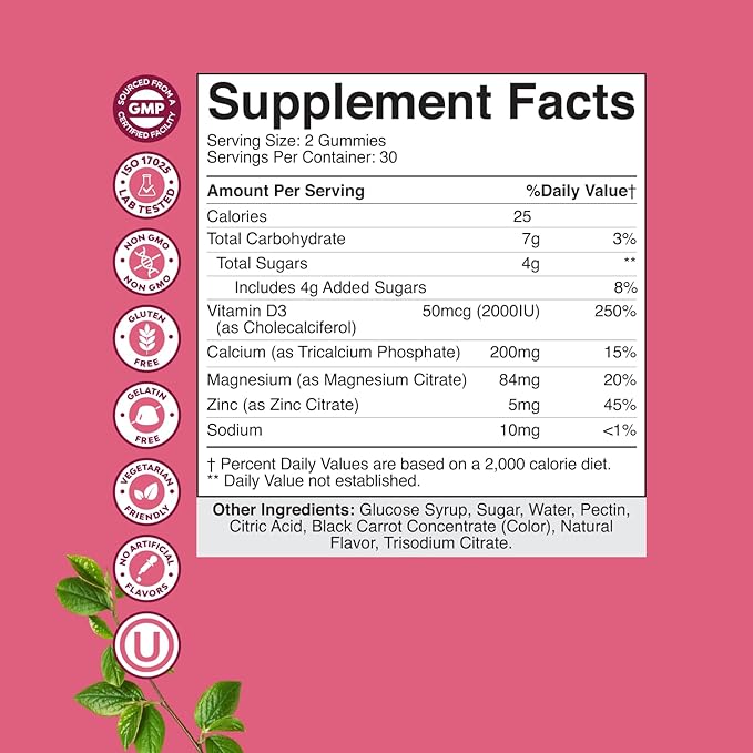 Calcium Magnesium Zinc Gummies - Magnesium Zinc Calcium Supplement Gummies with Vitamin D3 for Teeth and Bone Health - Certified Kosher Non-GMO Gelatin Free & Vegetarian Friendly 60 Count