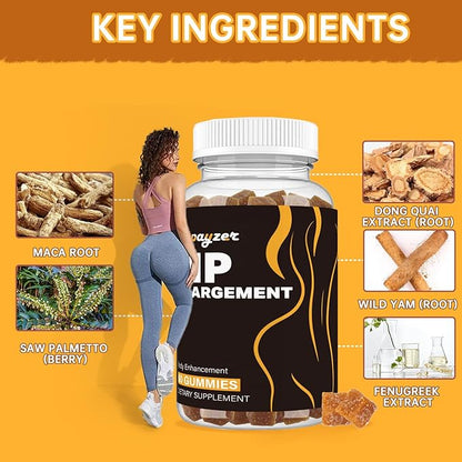 Booty Gummies for Big Butt and HIPS, Bigger Butt Gummies for Natural Curves, 1 PCS Bum Support Gummies, Berry Flavored Women Support Supplement, Boost Glute Growth, Fenugreek, 60 Count.