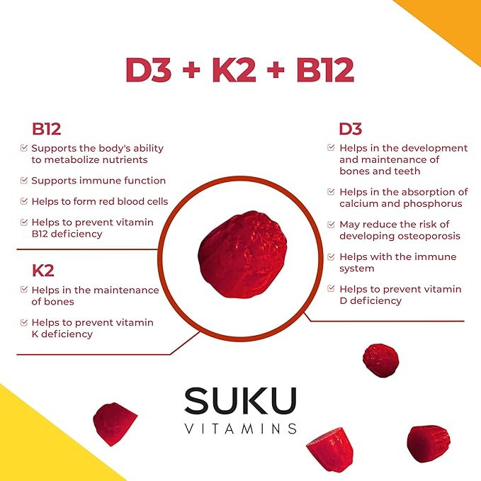 SUKU Vitamins Vegan D3 + K2 + B12 Sugar-Free & Sugar-Alcohol-Free Keto 2000IU Vitamin D Gummy Supplement for Healthy Bones, Immune Function, Healthy Metabolism, Lemon Dragon Fruit Flavor (50 Gummies)