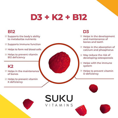 SUKU Vitamins Vegan D3 + K2 + B12 Sugar-Free & Sugar-Alcohol-Free Keto 2000IU Vitamin D Gummy Supplement for Healthy Bones, Immune Function, Healthy Metabolism, Lemon Dragon Fruit Flavor (50 Gummies)