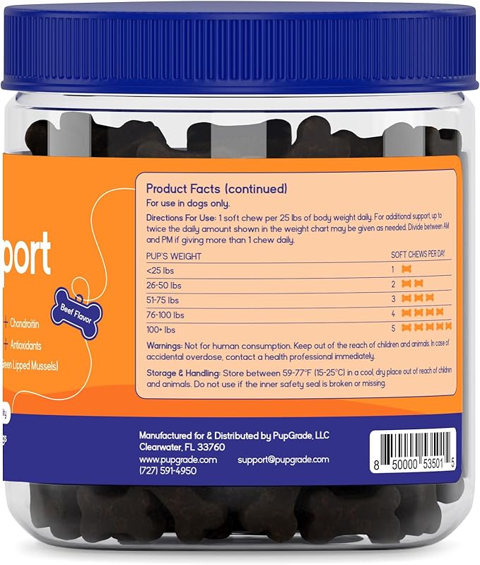 PupGrade Joint Support Supplement for Dogs - Glucosamine + Chondroitin with MSM and Perna - Supports Normal Hip & Joint Health for Occasional Discomfort, Beef Flavor - 60 Soft Chews