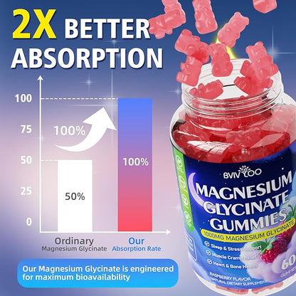 Magnesium Glycinate Gummies 1000mg with L-Threonate, Vitamin D, B6 & CoQ10 - Supports Memory, Calm & Mood - Sugar-Free Raspberry Flavor - 60 Count