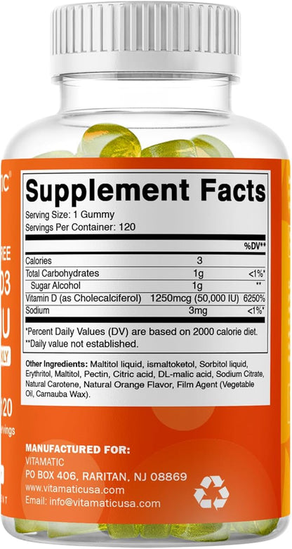 Vitamatic Sugar Free Vitamin D3 50,000 IU Weekly Supplement - 120 Pectin Based Gummies - Vitamin D Capsules for Bones, Teeth, and Immune Support (50000 IU)