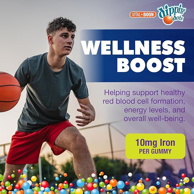 Vital+Boon Dippin' Dots Iron Gummies with Vitamin C & B12 – Gum Drop Grape, 60 Count (2 Pack) – Gluten & Gelatin Free, Non-GMO Supplement for Women, Men & Kids – 60 Day Supply