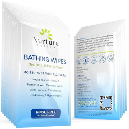 Nurture Rinse Free Bathing Wipes for Adults w/Aloe Waterless Cleansing for sensitive skin Disposable Adult Body Bath Wet Wipe for Disabled Bedridden (Pack of 40 (individually wrapped))