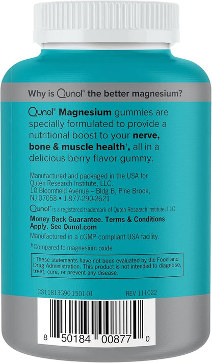 Qunol Magnesium Gummies for Adults, 200mg Elemental Magnesium (from 1,750mg Magnesium Citrate), High Absorption Magnesium Supplement, Supports Nerve, Bone and Muscle Health, Vegetarian, 90 Count