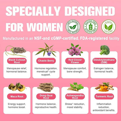 40-in-1 Menopause Supplements for Women, Multibenefit & Complete Black Cohosh for Hot Flashes, Night Sweats & Hormone Balance, w/ Probiotics, DIM, Vitex, Dong Quai, Red Clover and More, 120 Vegan Caps