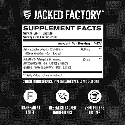 Jacked Factory Ashwagandha Root Extract (KSM-66 Ashwagandha) w/ 5% Withanolides - Supplement for Natural Stress Relief, Cognitive Function, Vitality, and Mood Support - 60 Veggie Capsules
