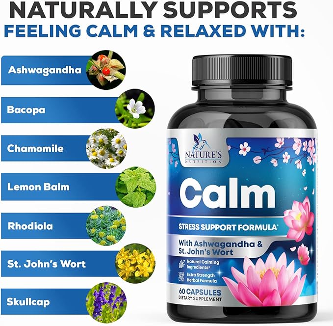 Stress Support Supplement - Extra Strength Ashwagandha, GABA, Magnesium, L-Theanine for Relief - Supports Mood & Focus - Naturally Calm, Unwind & Relax - Eases Tension & Nervousness - 60 Capsules