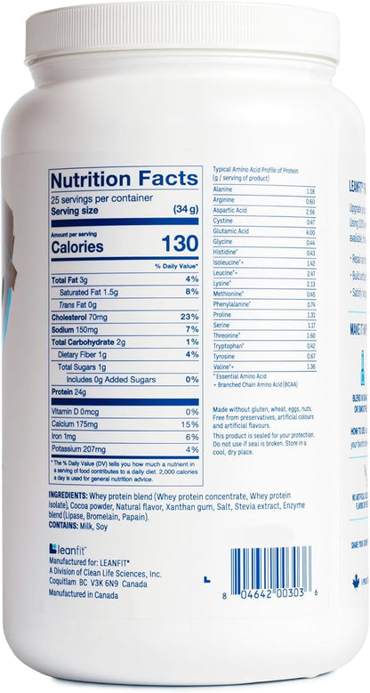 LeanFit® Grass-fed Whey Protein Powder, Natural Chocolate, Gluten-Free, Keto-Friendly & Low-Carb 24g Protein, 23 Servings, 858g (1.89 Pound) Tub