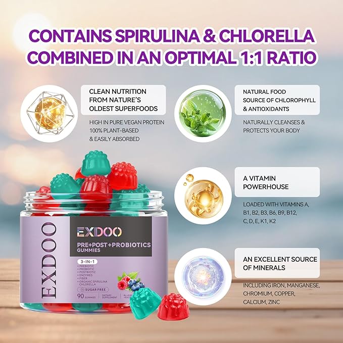 3-in-1 Probiotic Gummies Prebiotic+Probiotic+Postbiotic with Organic Spirulina Chlorella Immune Gut & Digestive Support 90 Count