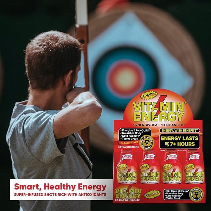 Vitamin Energy Focus+ Extra Strength Energy Shot Tropical Infusion 48 Pack, 260mg Natural Caffeine, B-Vitamins, CoQ10, Amino Acids, Focus, Productivity & Clarity, Zero Sugar, Gluten-Free, 1.93 fl oz